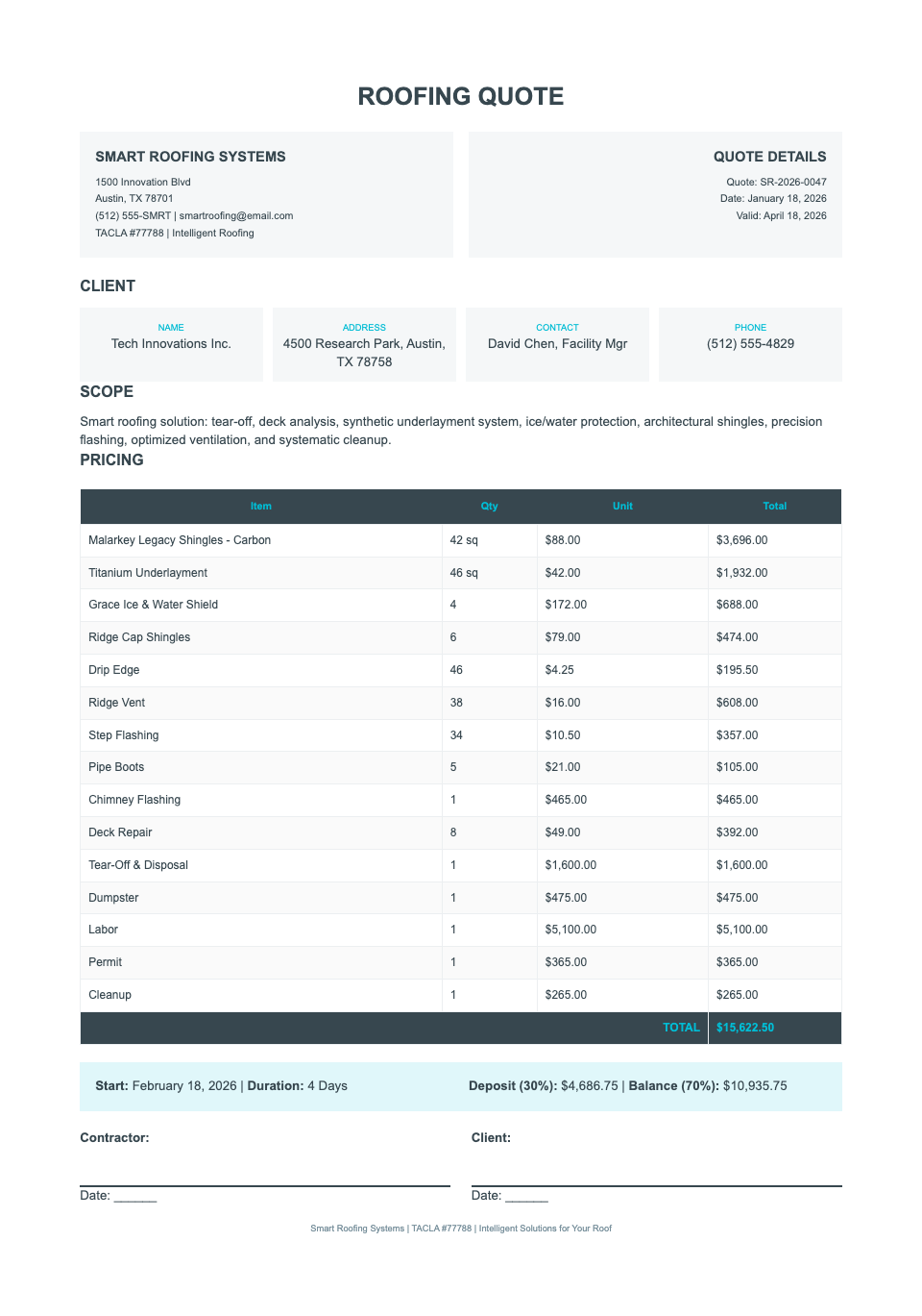 Smart organized roofing quotation